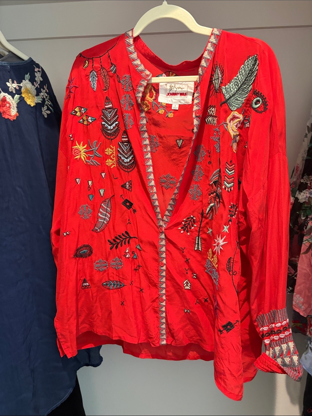 Johnny Was Bright Red Embroidered Open-Front Jacket